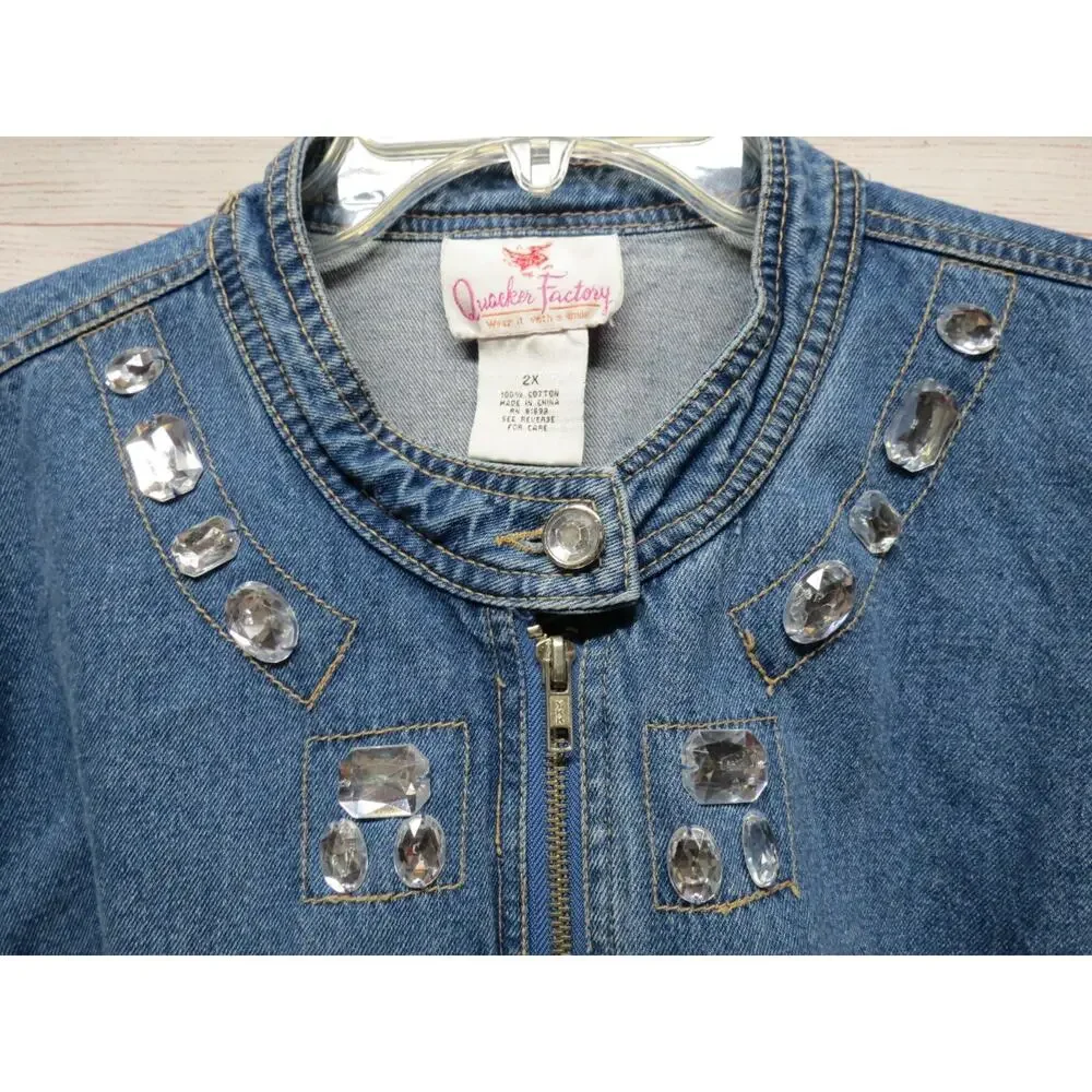 Quacker Factory Plus Size 2X Denim Jacket with Rhinestones Zip Up Jean Jacket